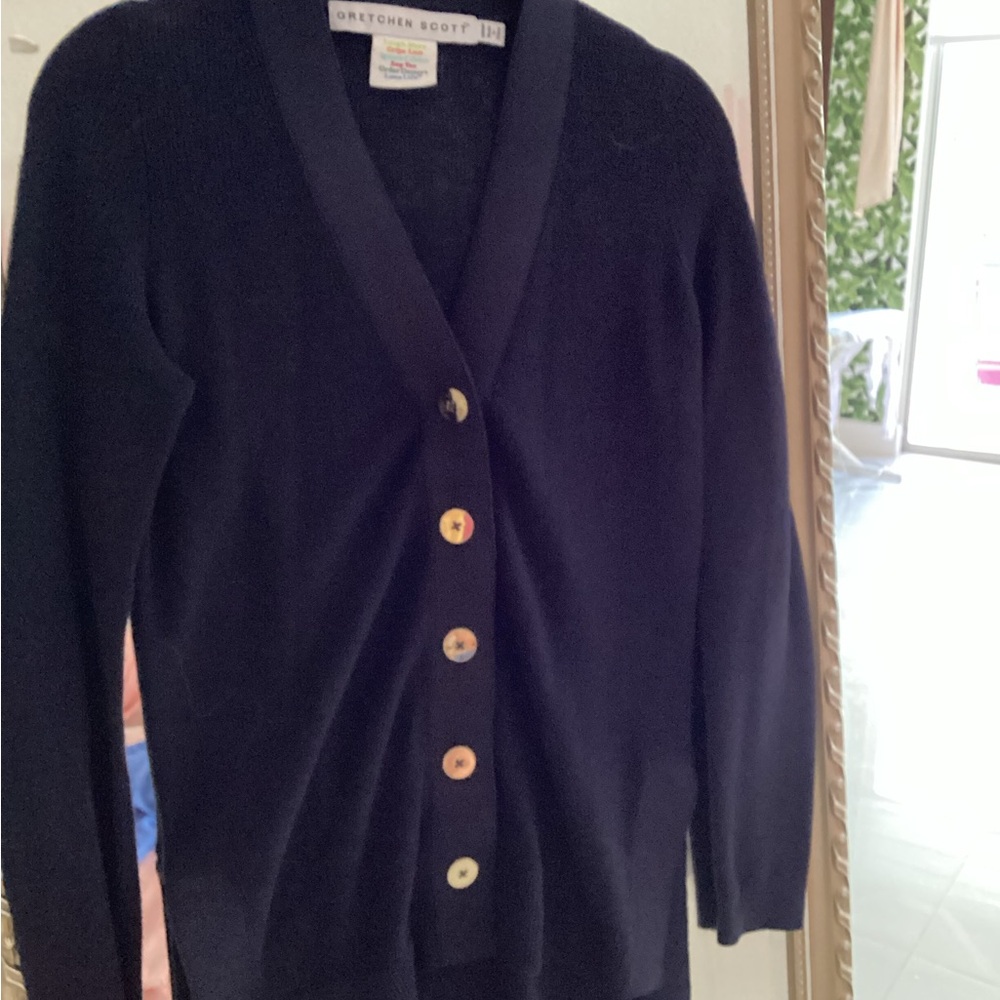 Gretchen Scott Designs Navy Cardigan Sweater with grosgrain trim size SHRIMP